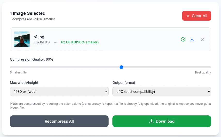 Compress Image settings set to max width/height 1280 px, quality 60 and JPG output
