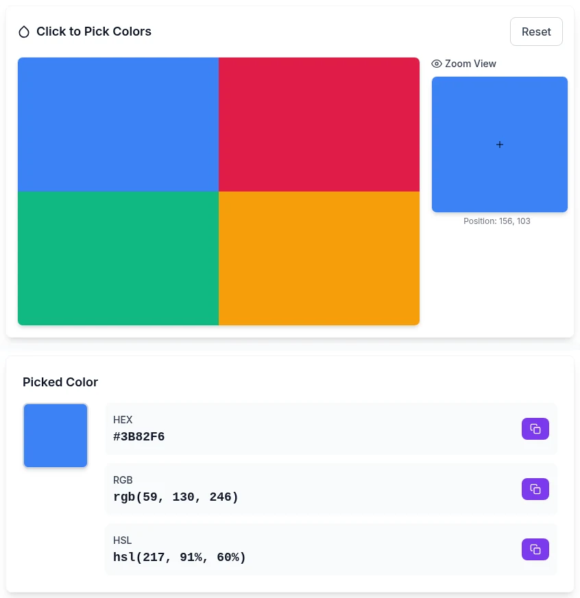 Color Picker showing a clicked pixel with HEX #3B82F6, RGB 59 130 246 and HSL 217 91% 60% plus the magnifier view